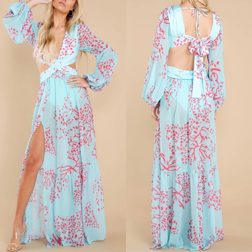 PatBo Styled Turquoise & Pink Print Cutout Maxi Dress
